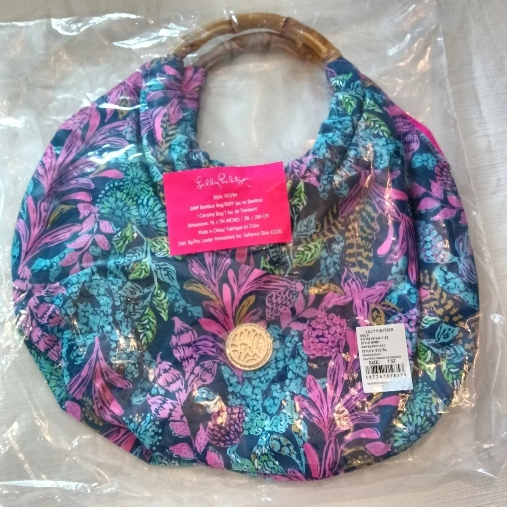 Lilly Pulitzer Bamboo Bag Purse Aegean Navy Calypso Coast NWT - Picture 1 of 9